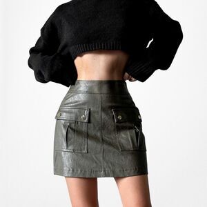Zara Green Olive Faux Leather Mini Skort Skirt Size XS /S